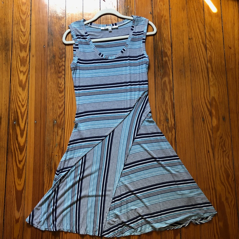 Max Studio Sleeveless Dress, Navy Blue, Turquoise, White Stripes, Size Medium